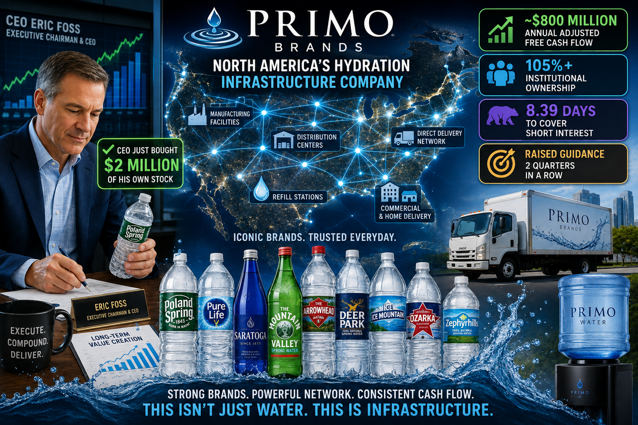 Illustration of Primo Brands' North American hydration network with premium water brands, CEO insider buying, free cash flow metrics, and nationwide distribution infrastructure.