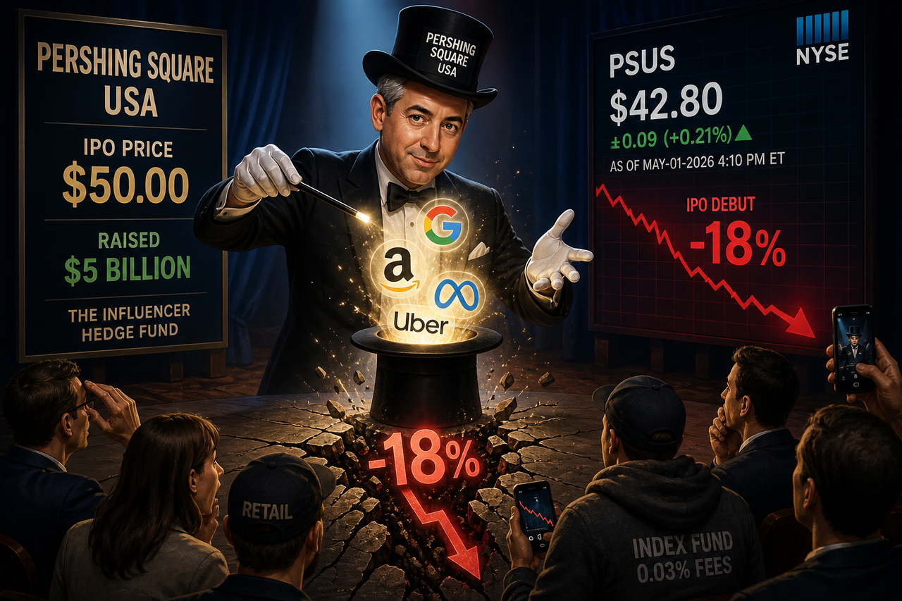 Illustration of a hedge fund manager styled as a magician pulling stocks from a hat while the ground beneath cracks, symbolizing Pershing Square USA’s IPO drop and the tension between investor hype and market reality.