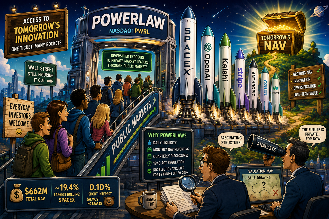 Illustration showing everyday investors boarding a futuristic launch pad called Powerlaw that provides access to rockets labeled SpaceX, OpenAI, Kalshi, Stripe, Anthropic, Waymo, and Canva.