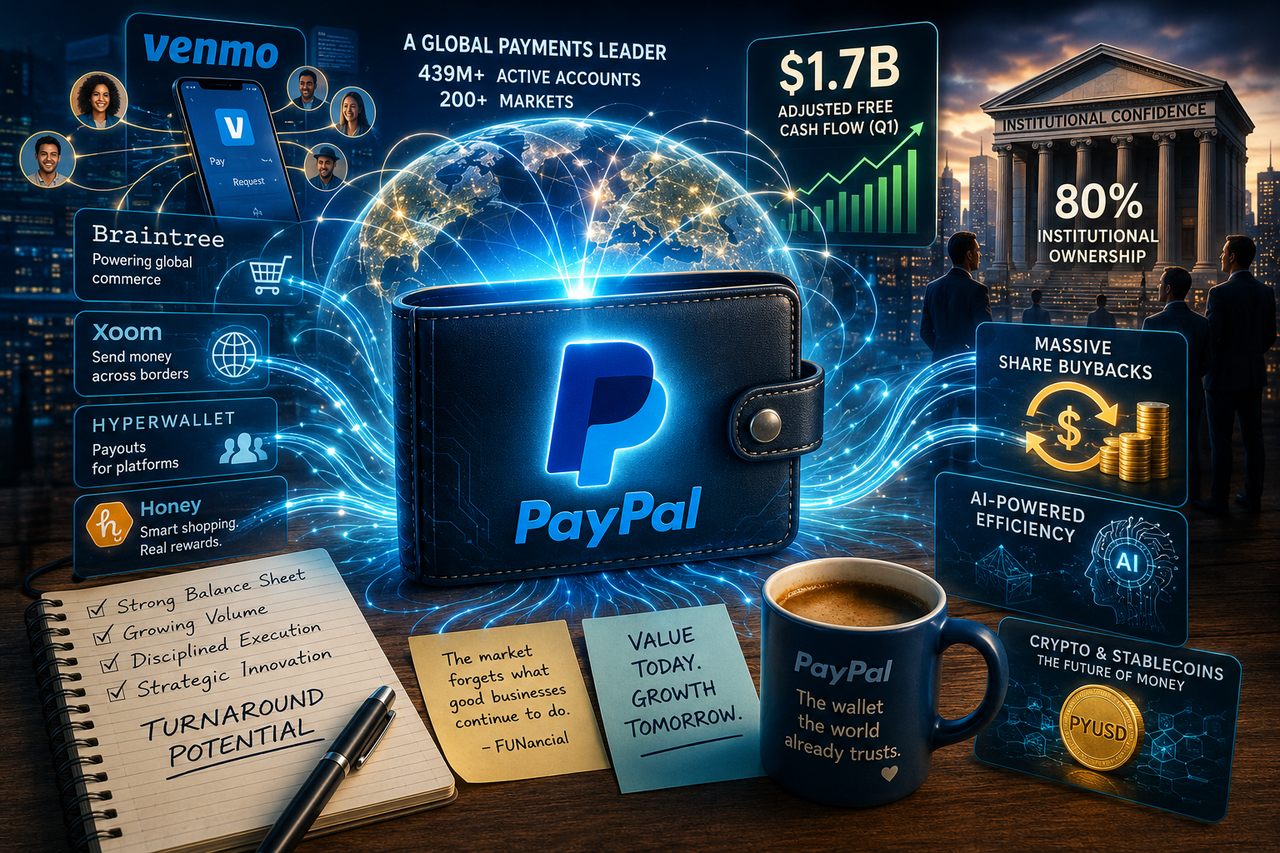 Editorial illustration of a glowing PayPal digital wallet at the center of a global payment network, surrounded by flowing transaction lines and digital commerce, representing a deeply discounted fintech giant poised for a potential turnaround.