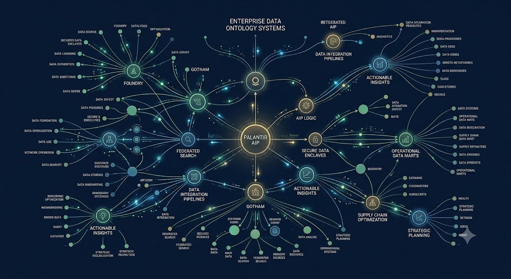 Bespoke high-tech data visualization network graph illustrating Palantir AIP software architecture and enterprise data ontology systems