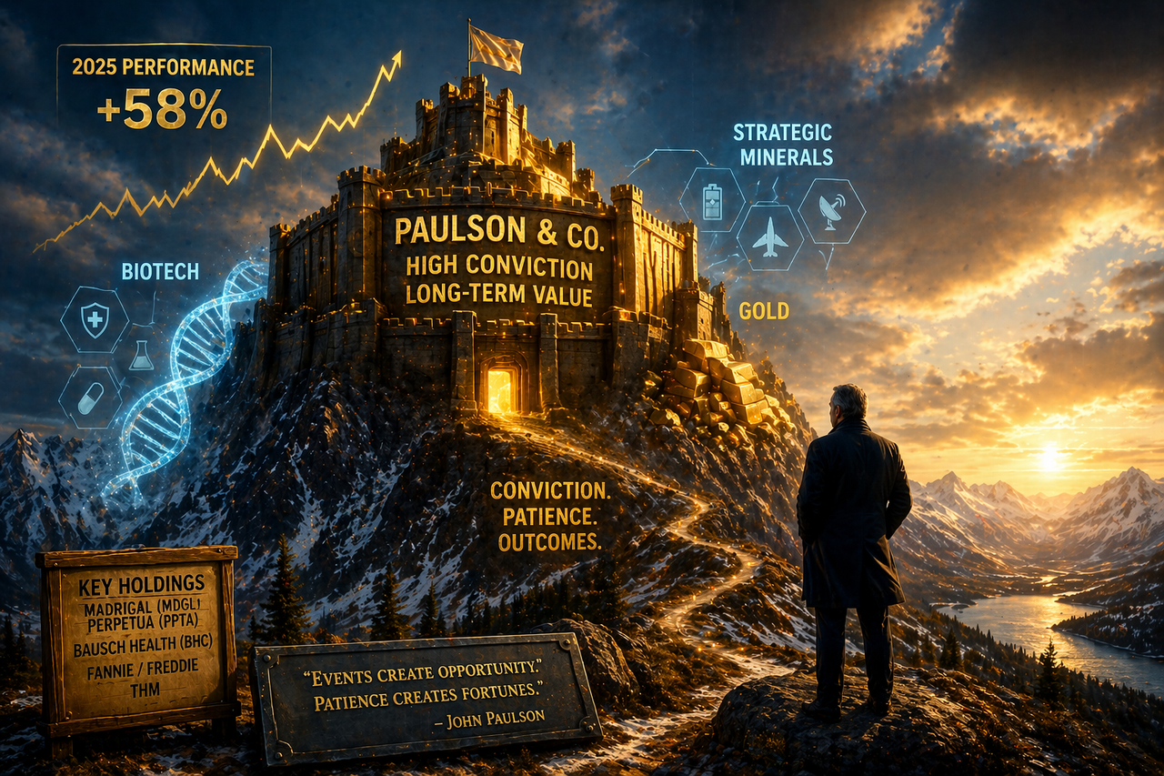 Golden fortress in a rugged mountain landscape with glowing DNA strands and a lone investor silhouette, symbolizing John Paulson’s high-conviction bets on gold and biotech