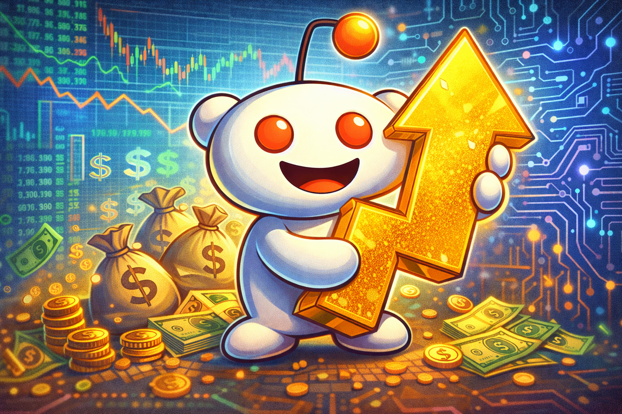 Illustration of Reddit’s mascot holding a golden upvote arrow with stock charts, dollar signs, and AI circuits in the background, symbolizing Reddit’s growth, buyback, and AI data monetization.