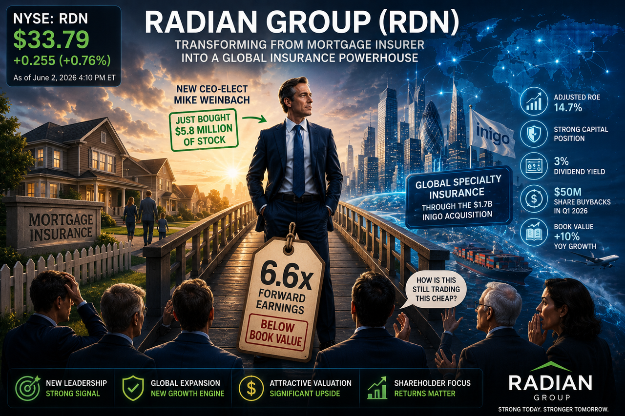 A confident insurance executive in a tailored suit stands on a bridge connecting a suburban American neighborhood to a modern global financial skyline. One side features homes, mortgages, and family life; the other displays specialty insurance markets.