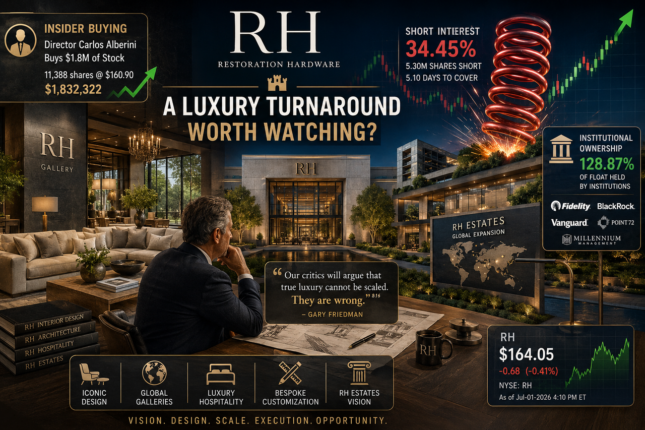 Elegant illustration of a luxurious RH-inspired modern estate featuring designer furniture, upward financial charts, institutional investor icons, a coiled spring symbolizing high short interest, representing RH's luxury turnaround and growth ambitions.