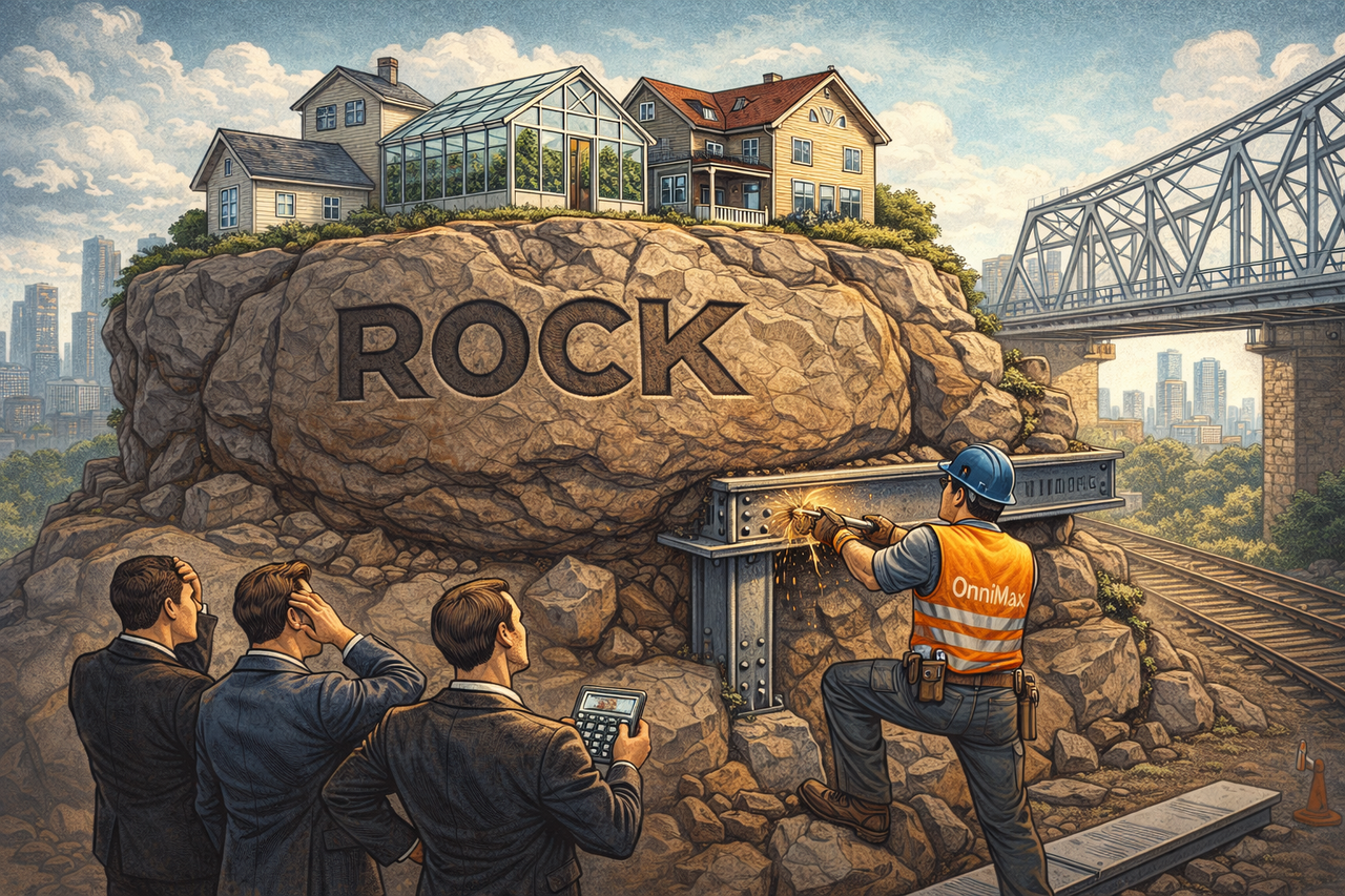 Illustration of a large rock foundation supporting houses, greenhouses, and bridges while a construction worker labeled “OmniMax” installs a steel beam, symbolizing Gibraltar Industries’ role in residential, agtech, and infrastructure markets.