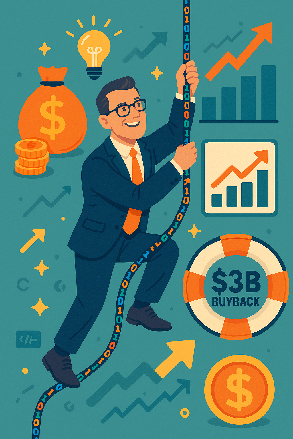 Playful digital illustration of Roper Technologies’ CEO confidently climbing a brightly colored software-coded rope, surrounded by icons of cash flow arrows, rising charts, and a giant $3B buyback lifeline.