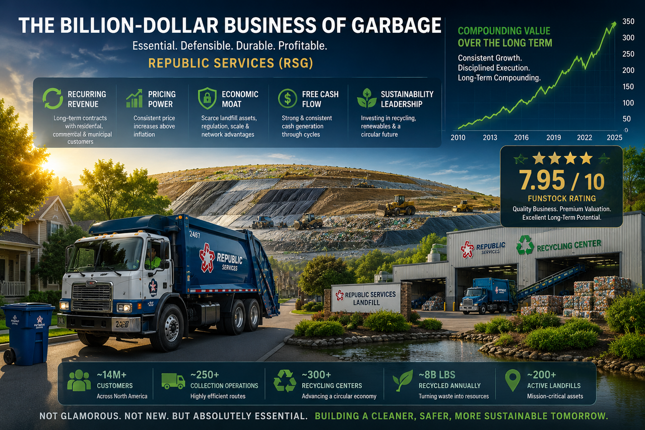 Illustration depicting a modern waste-management ecosystem with collection trucks and a professionally engineered landfill beneath subtle financial graphics representing long-term compounding, illustrating Republic Services' durable business model.