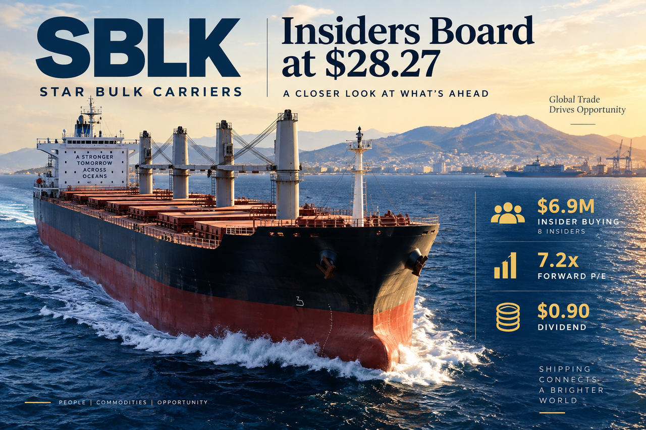Star Bulk dry-bulk carrier at sea illustrating $6.9M of SBLK insider buying, a 7.2x forward P/E and $0.90 dividend.