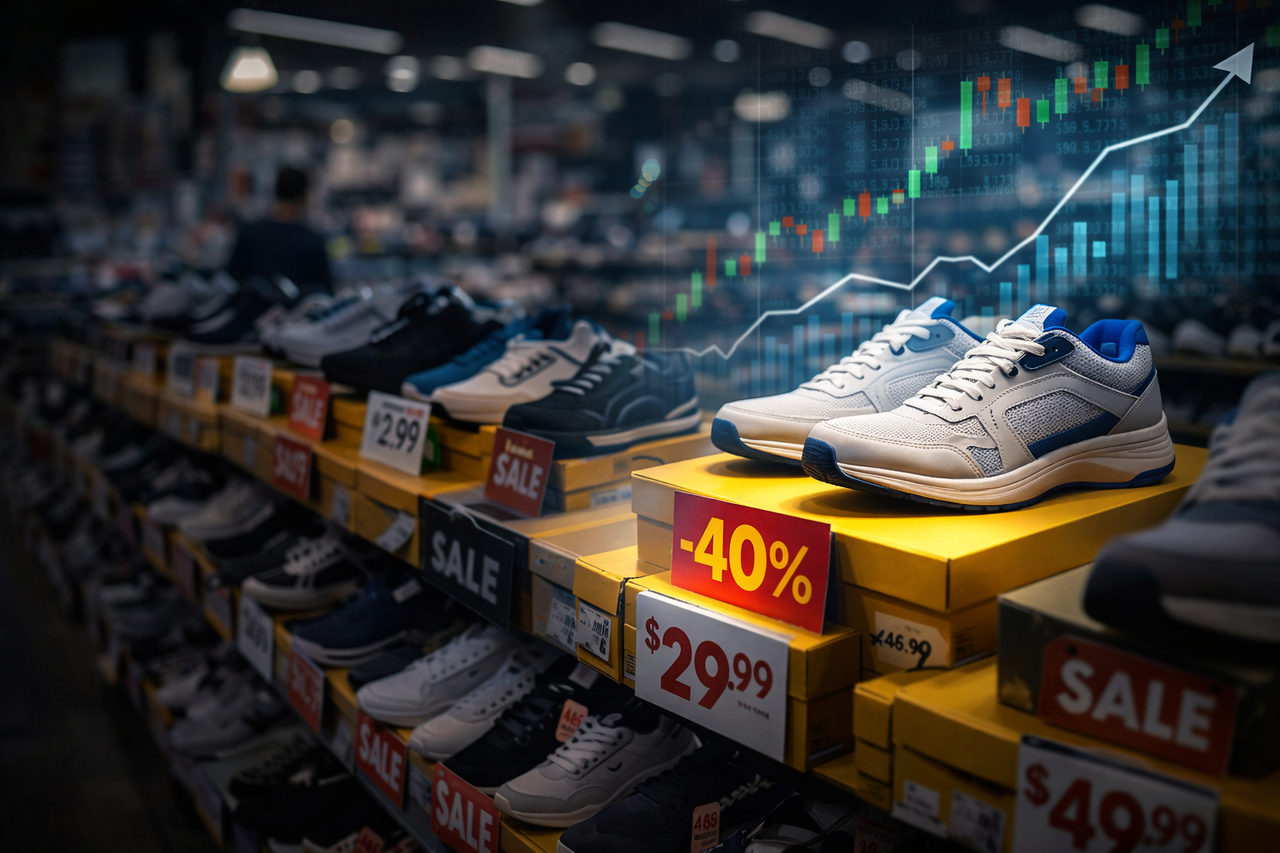 Discount shoe display with highlighted sneakers and stock market chart overlay representing undervalued retail stock opportunity