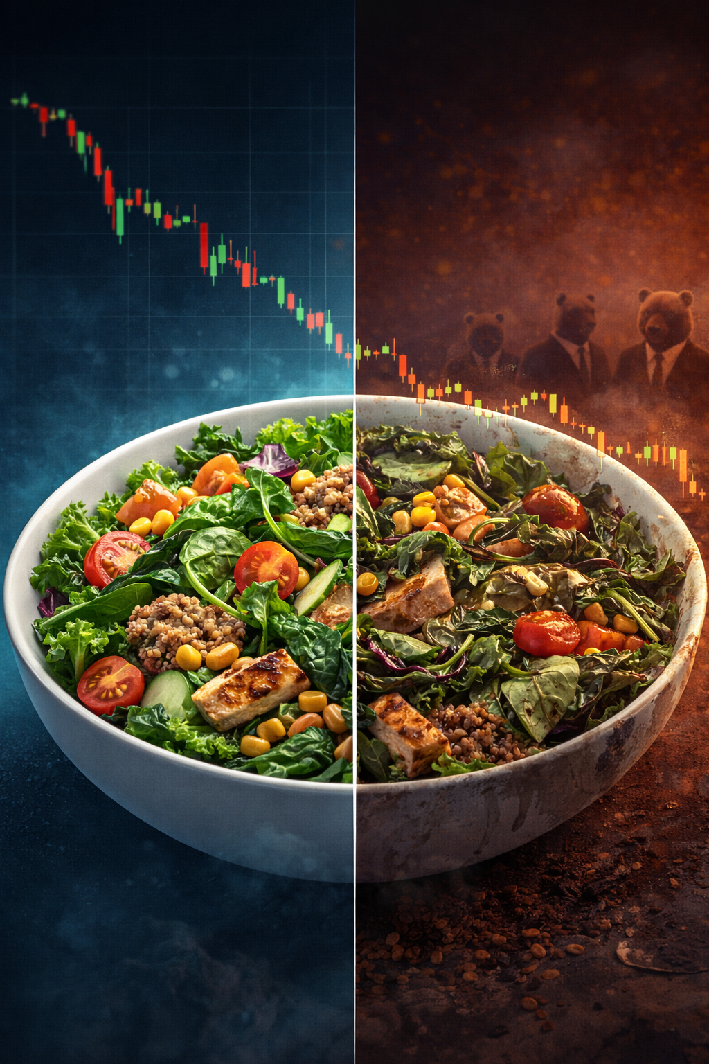 Split illustration of a fresh healthy salad on one side and a wilted version on the other, symbolizing the contrast between Sweetgreen’s strong brand and its struggling stock performance.