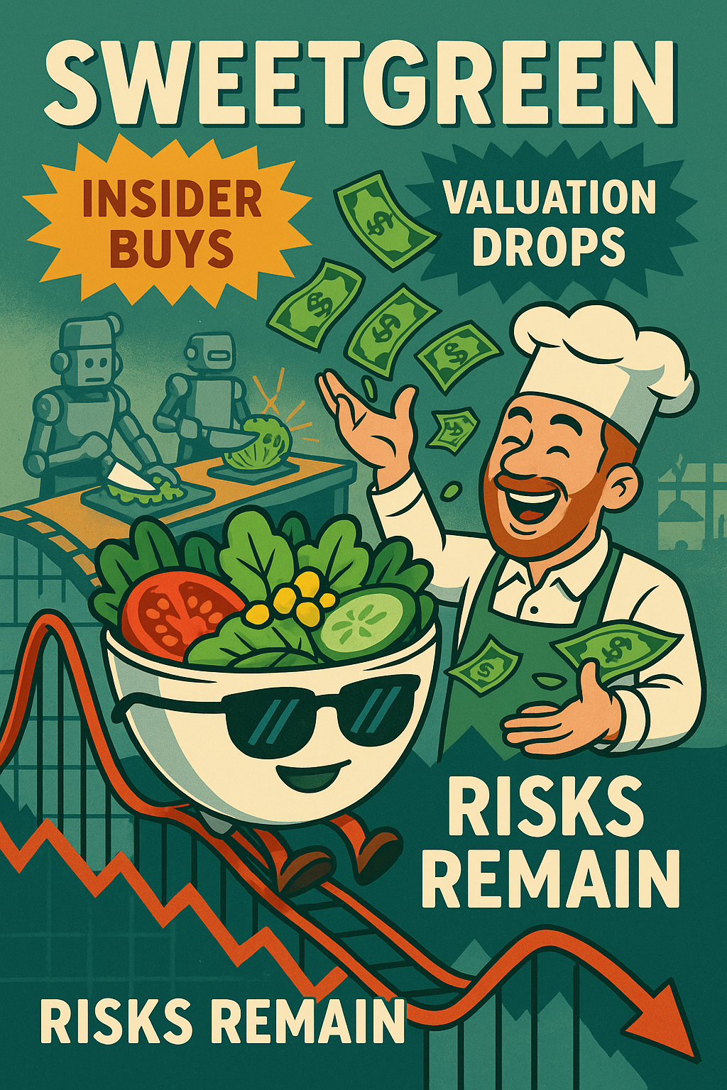 Vibrant illustration of a Sweetgreen salad bowl riding a stock-chart rollercoaster while a chef tosses dollar bills and robots chop lettuce — symbolizing insider buys, volatility, and the Infinite Kitchen strategy.