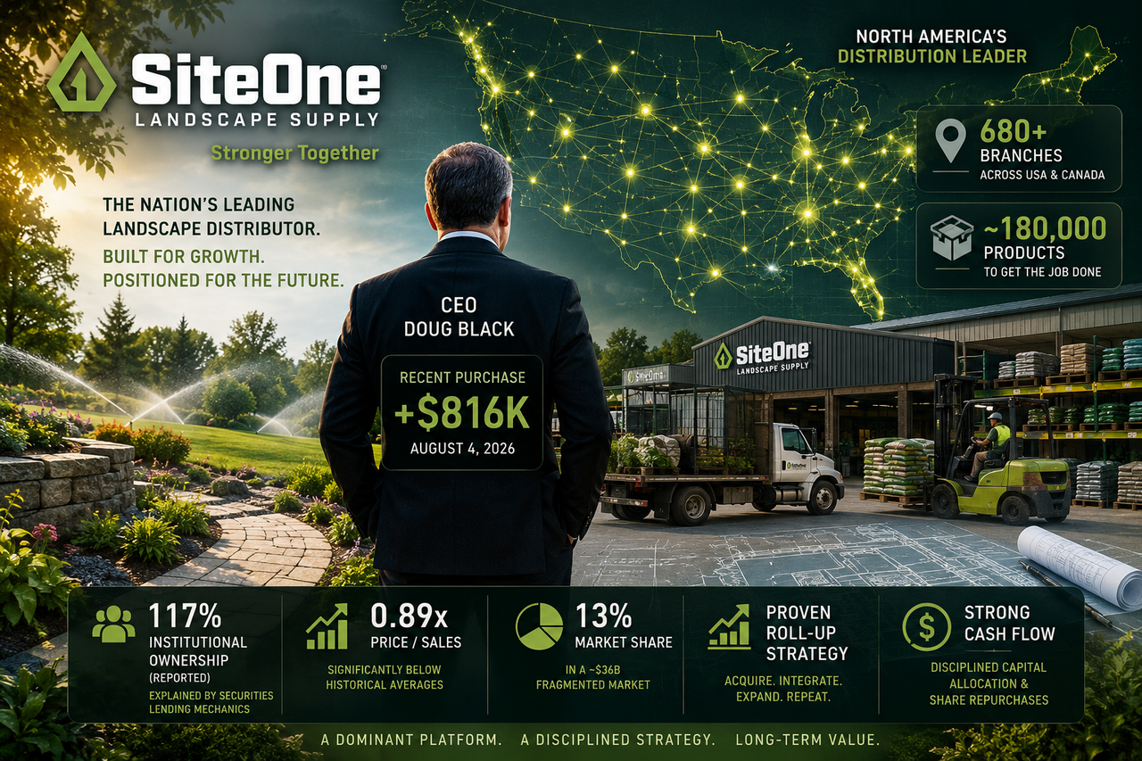 Illustration of SiteOne Landscape Supply's distribution network with commercial landscaping imagery, financial metrics including CEO Doug Black's $816,000 insider purchase, and visual references to the company's North American market leadership.