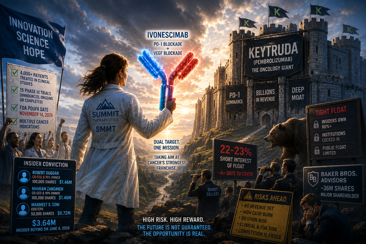 A biotech battlefield. In the foreground, a determined biotech researcher carries a glowing dual-target antibody labeled 