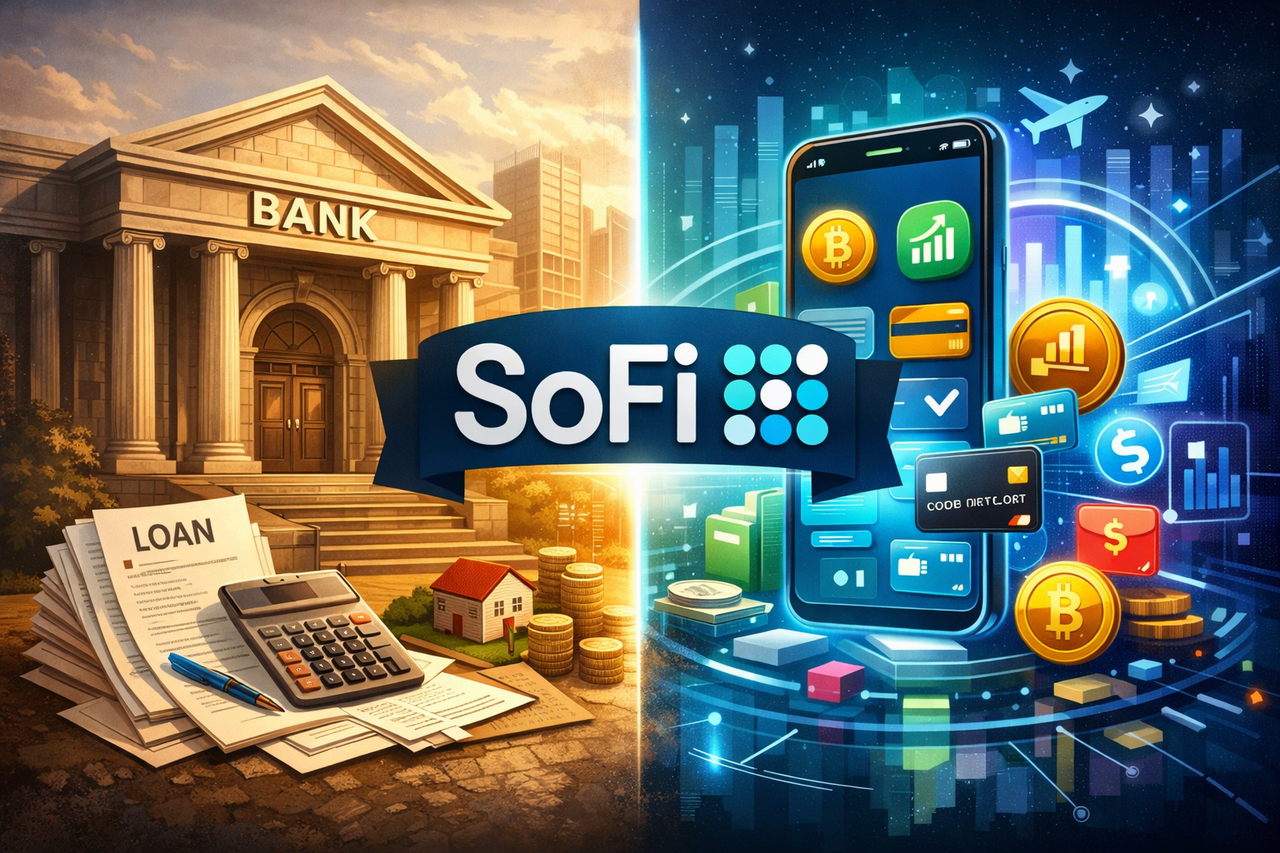 Split digital illustration showing a traditional bank on one side and a futuristic fintech ecosystem on the other, symbolizing SoFi’s transition from lender to full financial platform.