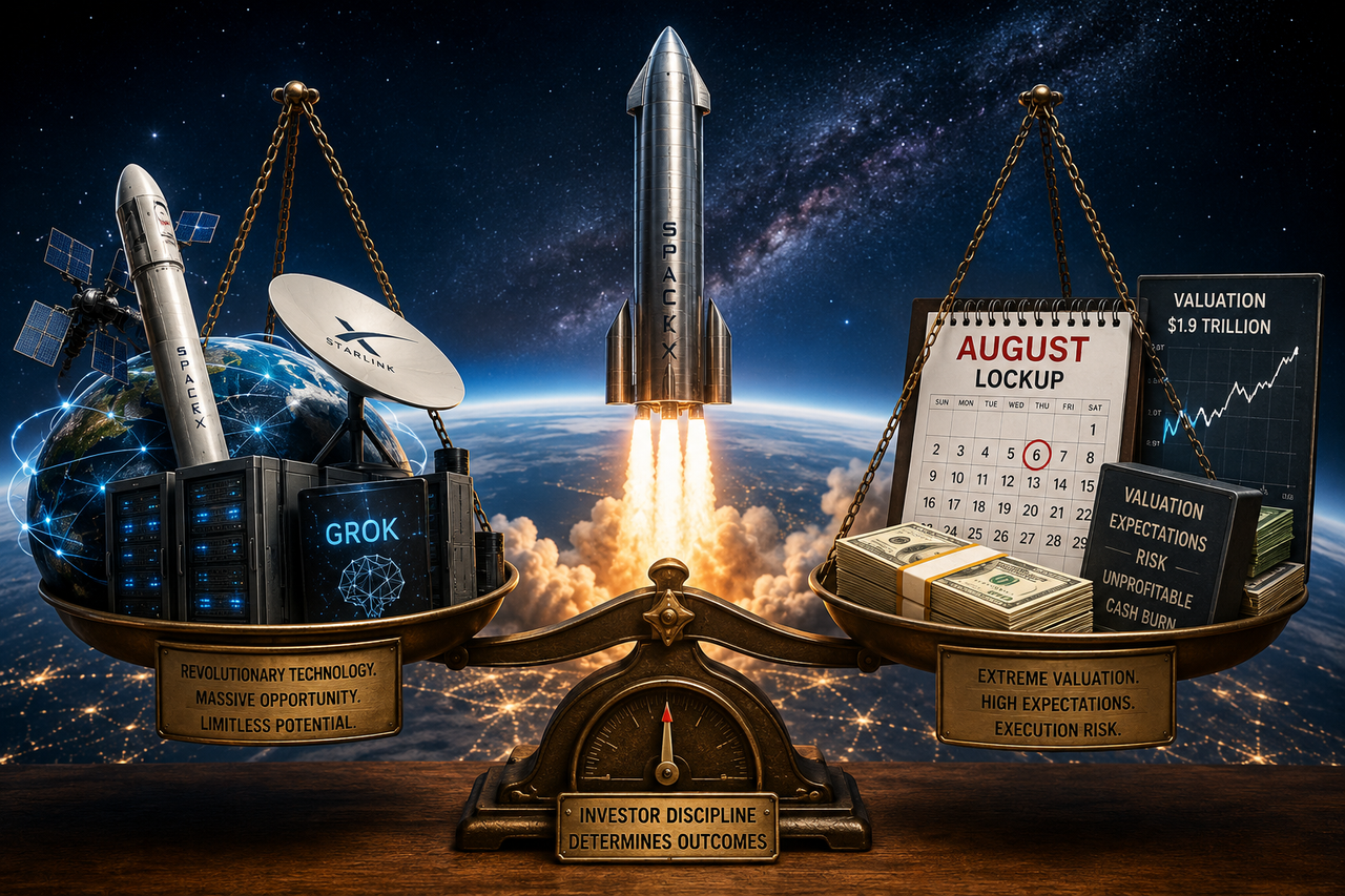 A SpaceX Starship launches toward orbit while balancing on a brass scale. One side of the scale holds rockets, Starlink satellites, and AI servers glowing with optimism; the other holds cash, valuation charts, and a calendar marked 