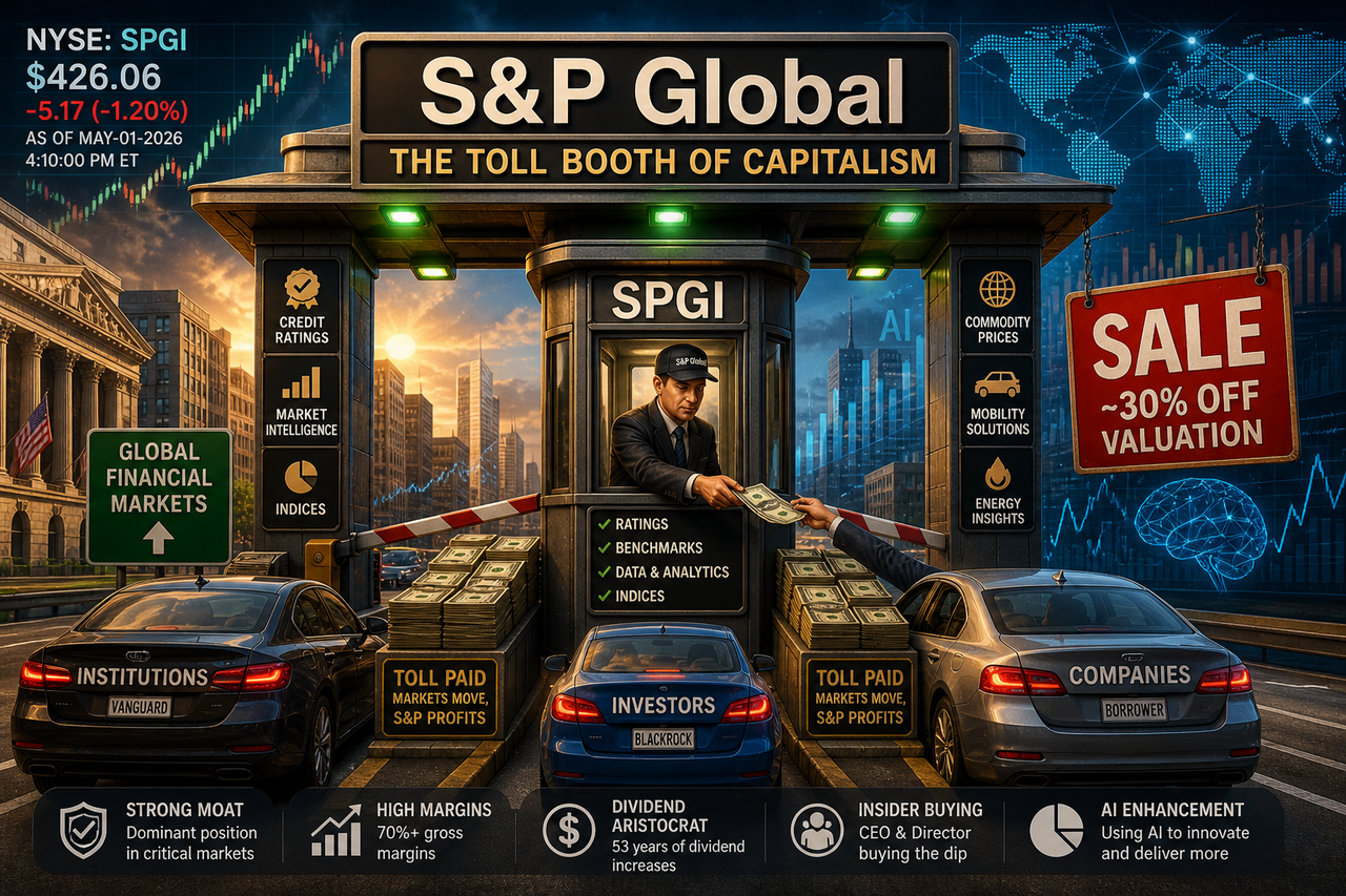 Illustration of a financial toll booth labeled S&P Global collecting money from market activity, with a sale sign and global financial data elements, representing SPGI’s business model and valuation opportunity.