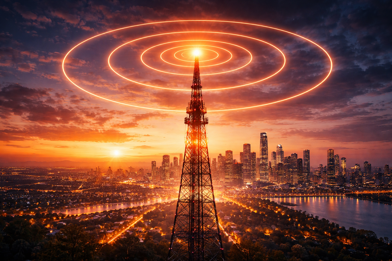 Broadcast tower transmitting signals across a modern city skyline at sunset, symbolizing the transformation of traditional media companies like E.W. Scripps in the digital era.