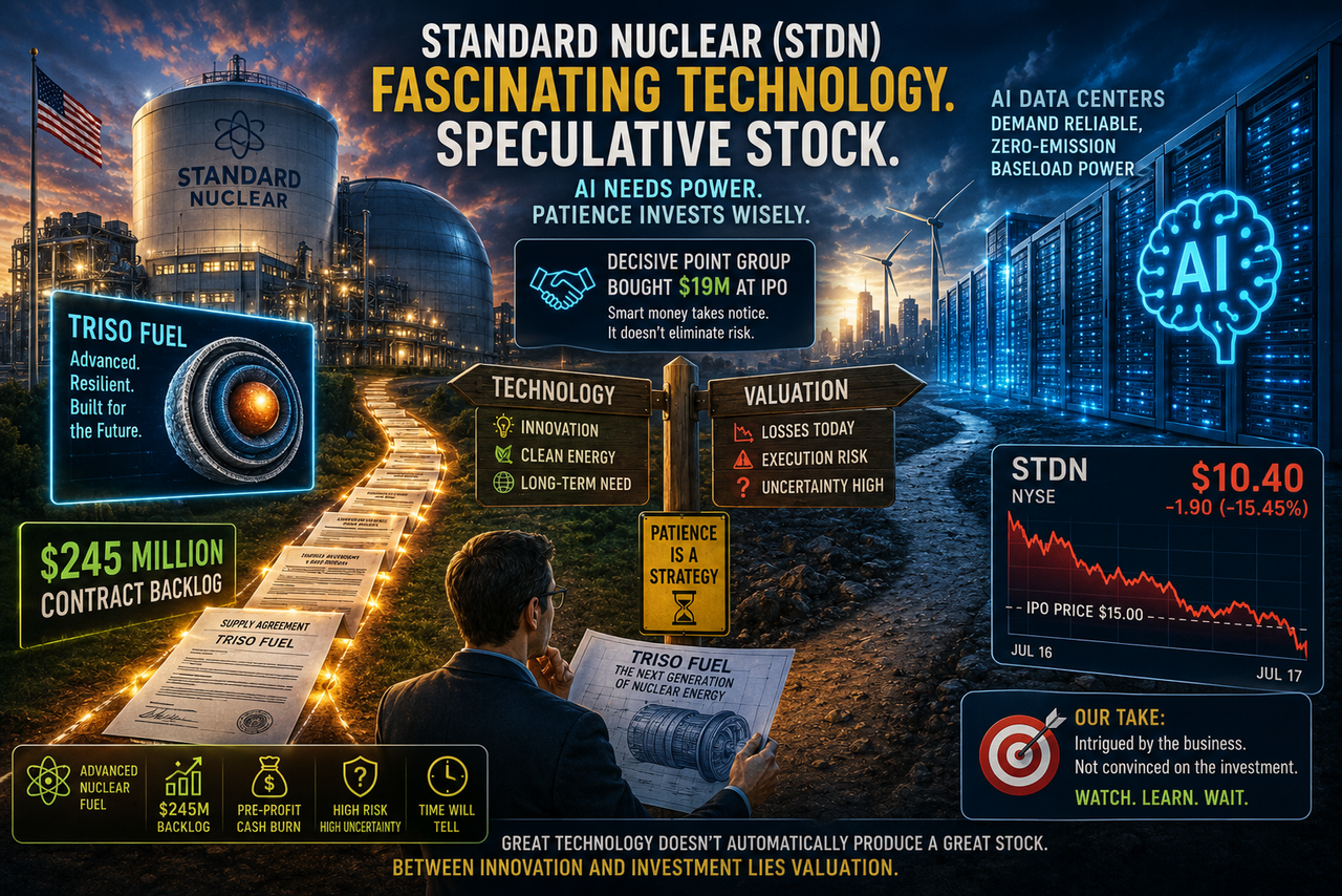 A futuristic Small Modular Reactor (SMR) powering a glowing AI data center at dusk. In the foreground, a confident investor studies a blueprint labeled 