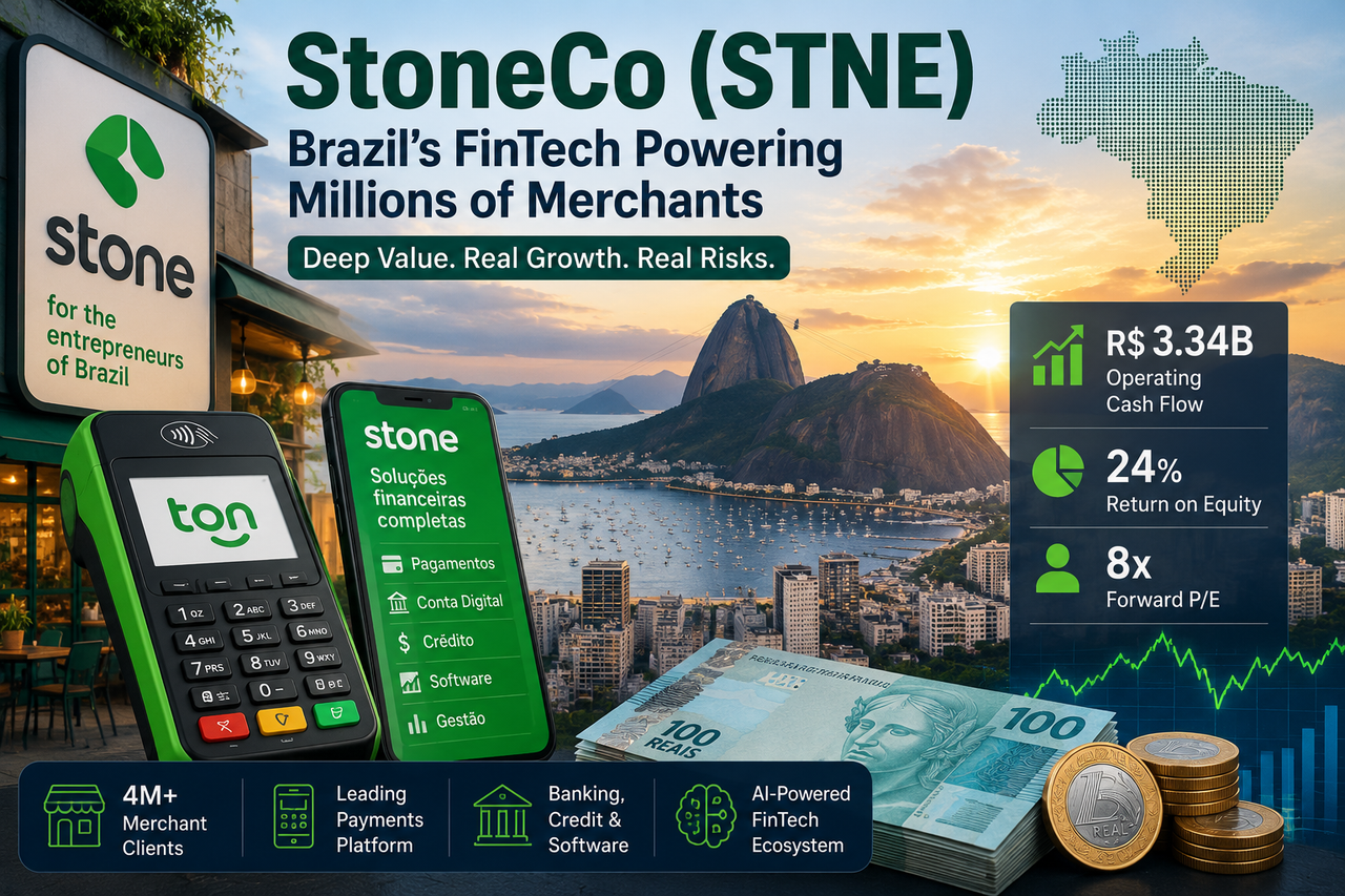 Illustration of StoneCo's digital payment ecosystem connecting Brazilian merchants across São Paulo and Rio de Janeiro, featuring modern payment terminals and AI-powered fintech, symbolizing deep value investing and Brazil's digital transformation.