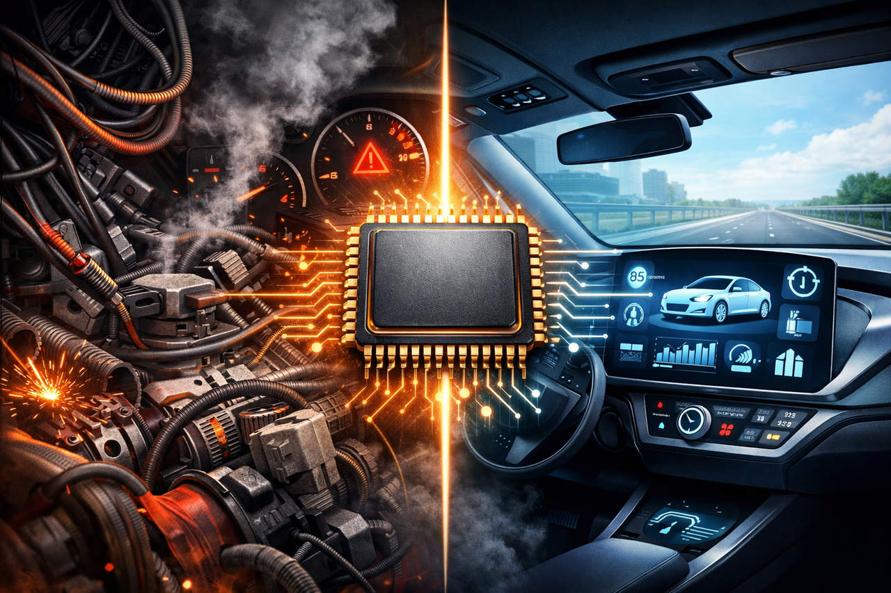 A split-scene illustration showing a chaotic mechanical system on one side and a clean futuristic electric vehicle dashboard on the other, with a central sensor chip symbolizing Sensata Technologies’ role in managing safety and efficiency.