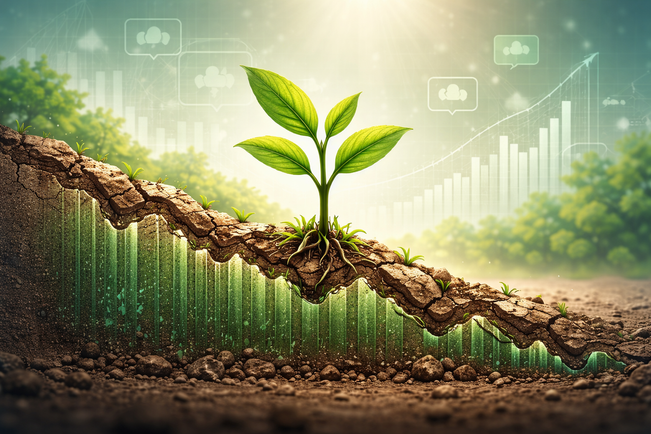 Illustration of Sprout Social stock as a small green sapling growing from a steep decline, symbolizing insider buying and potential SaaS turnaround.