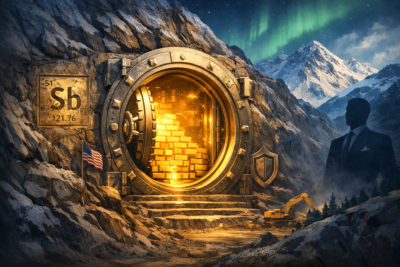 Editorial illustration of a gold vault embedded in the Alaskan landscape, symbolizing International Tower Hill Mines’ Livengood project, gold optionality, antimony critical minerals, and long-term strategic investing.