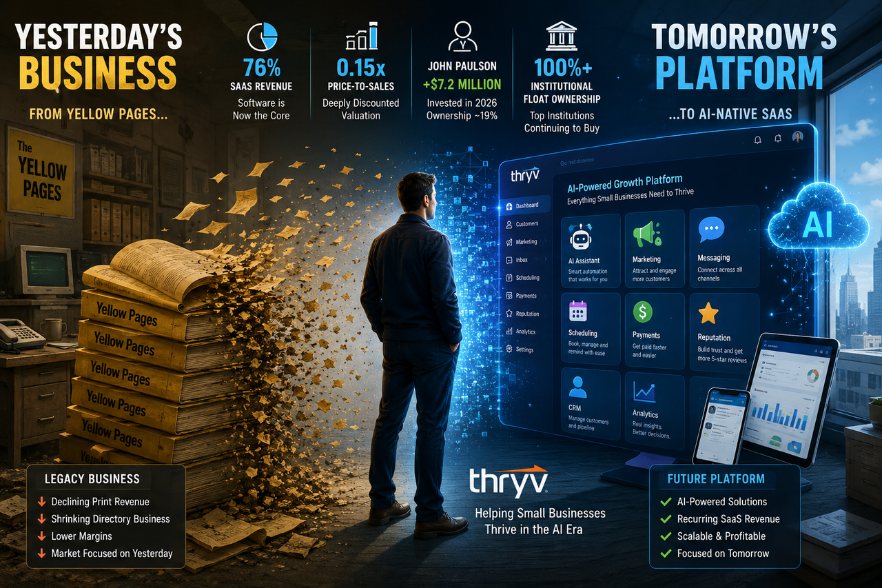 Editorial illustration depicting the transformation of Thryv from a legacy Yellow Pages publisher into an AI-powered SaaS platform, featuring fading phone directories transitioning into cloud software dashboards and pillars of long-term reinvention.