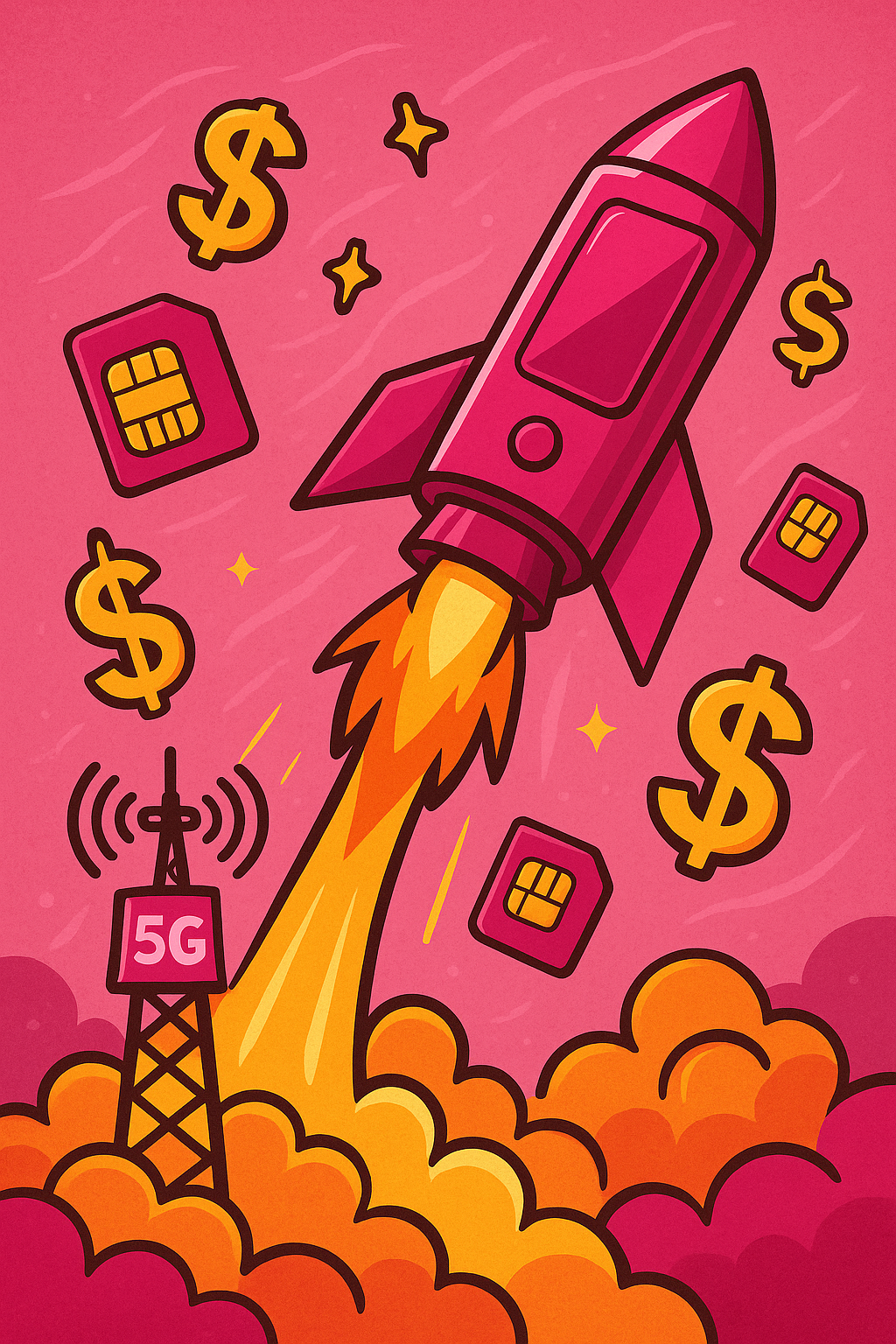 Playful digital illustration of a magenta smartphone-rocket launching from a 5G tower, surrounded by floating dollar signs and SIM cards, symbolizing T-Mobile’s growth, profits, and CEO confidence.