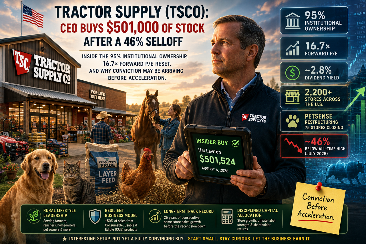 Illustration depicting Tractor Supply's CEO reviewing financial metrics in front of a rural retail store, surrounded by visual indicators including a $501,524 insider purchase, 16.7× forward P/E, farmland, and improving financial charts.