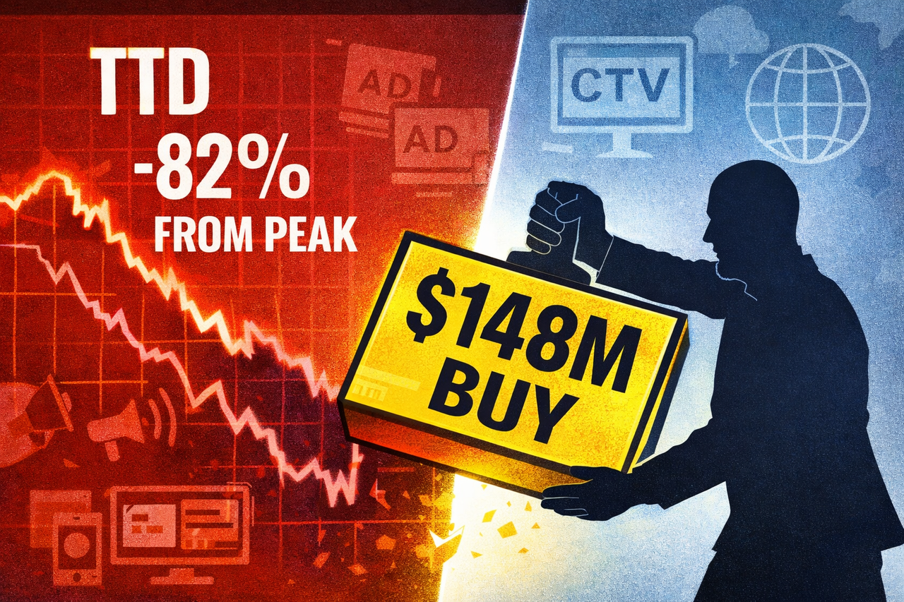 Split-screen illustration of The Trade Desk (TTD) stock falling sharply from prior highs, contrasted with a bold “$148M insider buy” stamp next to a founder silhouette, with small Connected TV and open-internet advertising icons in the background.