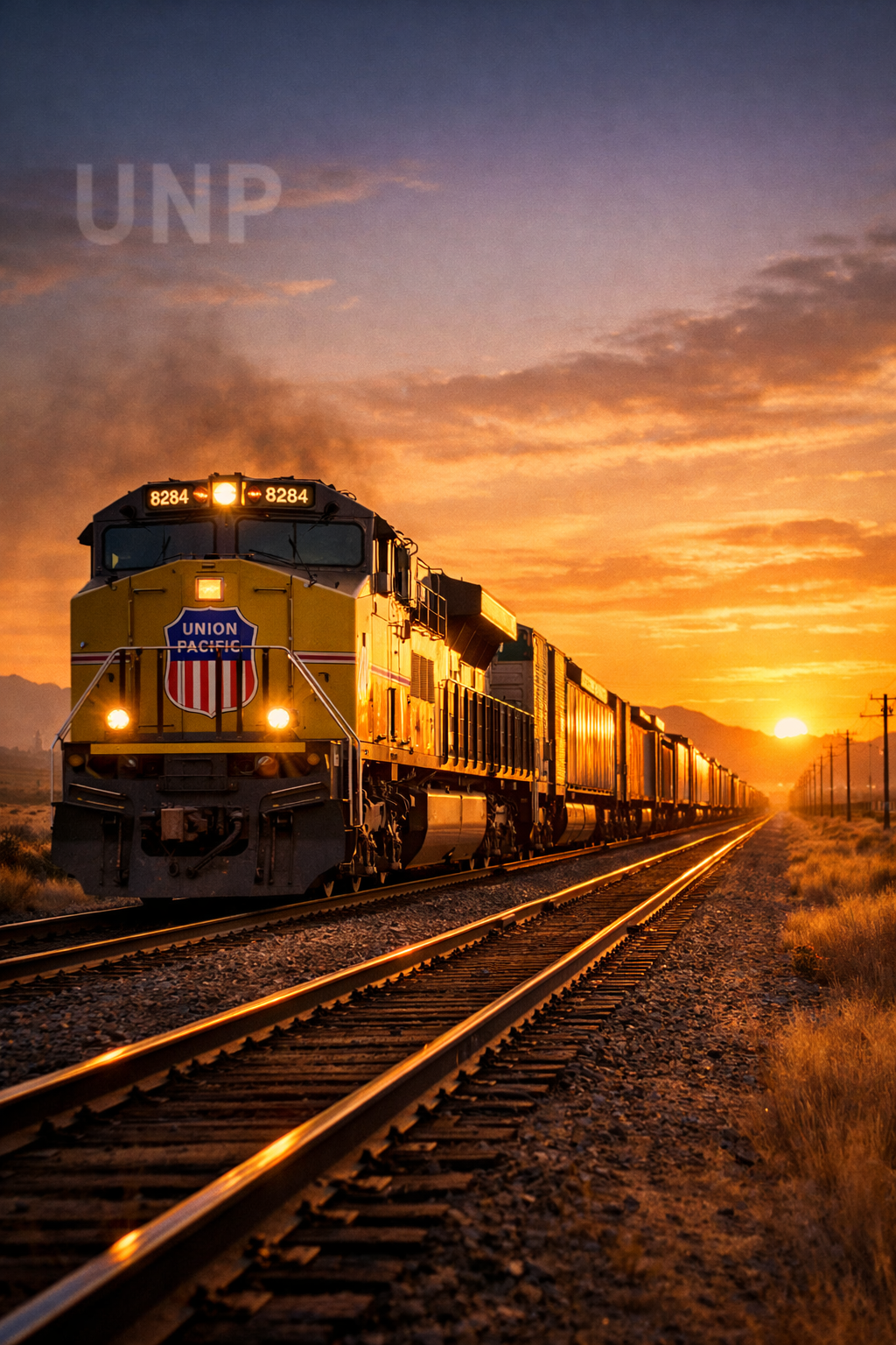 A Union Pacific freight train traveling across the American West at sunset, symbolizing steady industrial strength and long-term stock compounding.