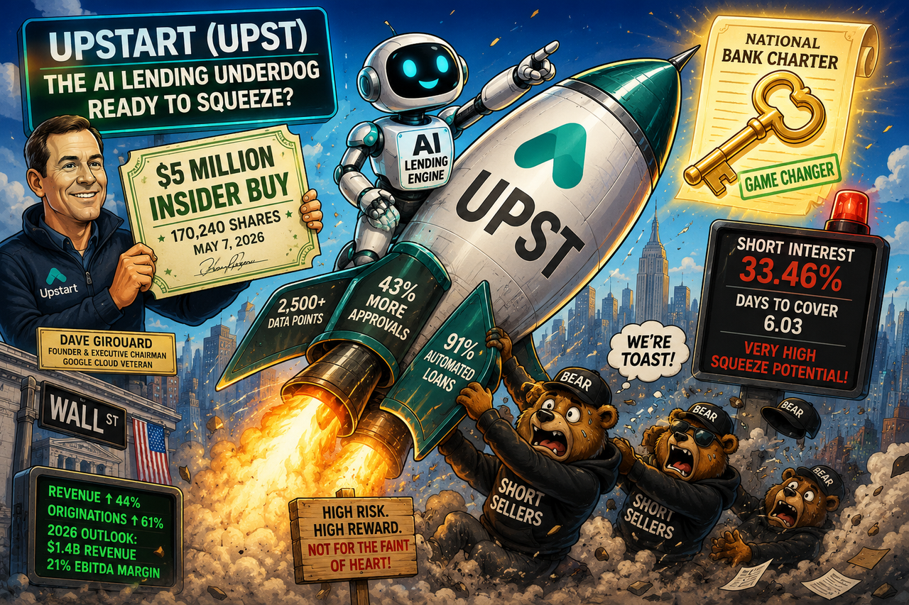 Cartoon image of an UPST rocket powered by AI lending, with short sellers scrambling, founder Dave Girouard holding a $5 million insider-buy ticket, and a bank-charter key symbolizing Upstart’s high-risk fintech comeback.