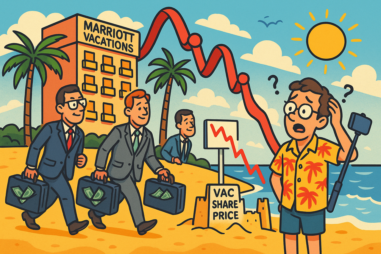 Colorful illustration of a beach resort with a plunging stock-chart roller coaster, insiders buying shares with suitcases of cash, and a comical tourist — symbolizing Marriott Vacations Worldwide’s stock slump and insider buying spree.