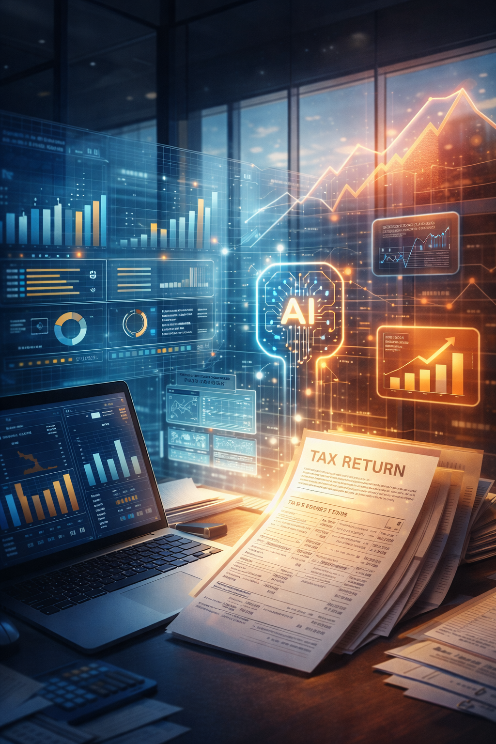 Illustration of enterprise tax software evolving into an AI-powered platform, with financial charts and data overlays symbolizing Vertex’s SaaS turnaround and cloud growth.