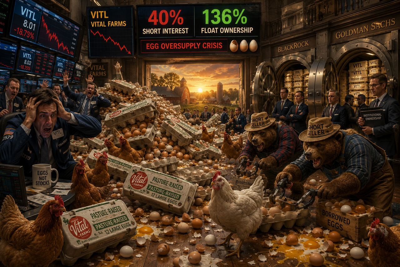 Cinematic illustration of Wall Street traders panicking during a massive egg market collapse while premium pasture-raised eggs, institutional investors, chickens, and short sellers collide in a chaotic financial farmyard scene.