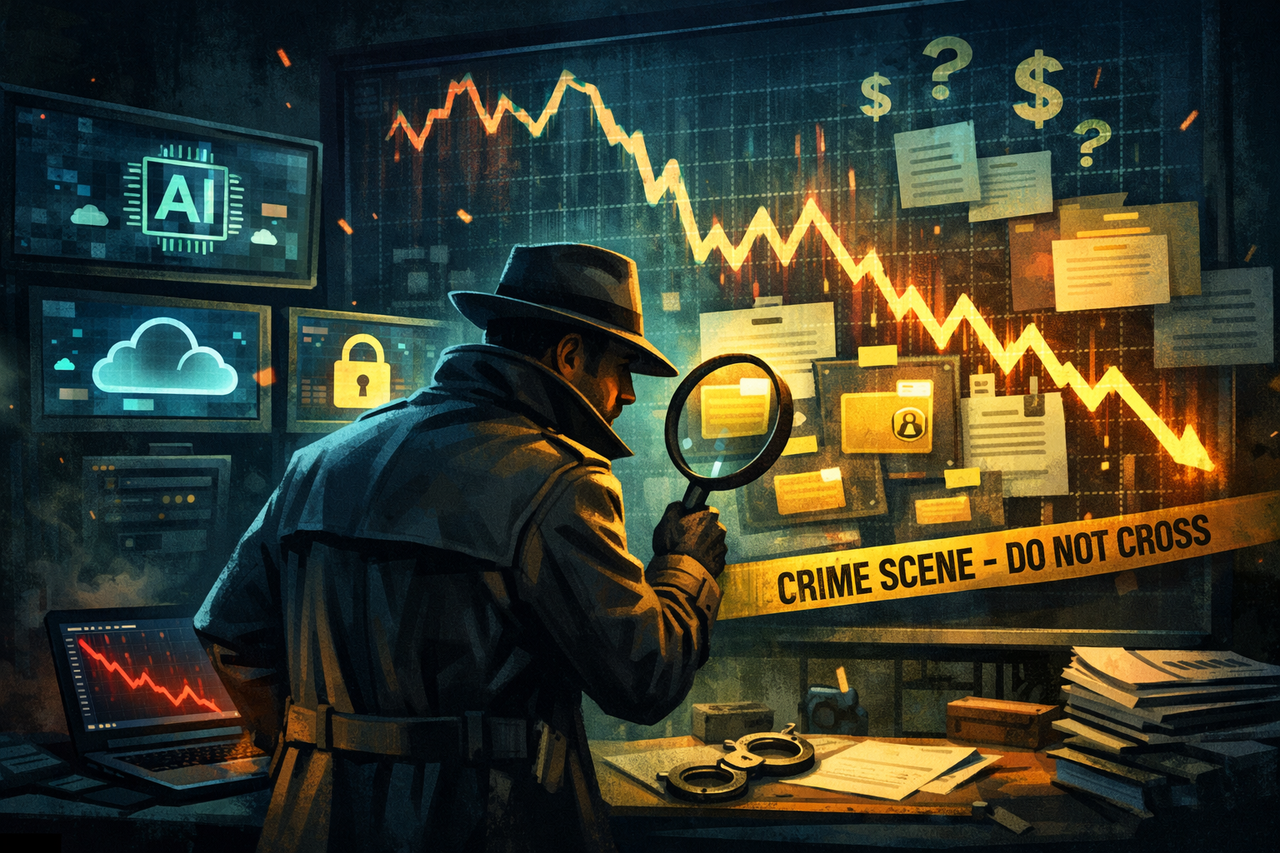 Illustration of a detective analyzing digital data files and a falling stock chart, symbolizing Varonis (VRNS) cybersecurity and insider buying turnaround story