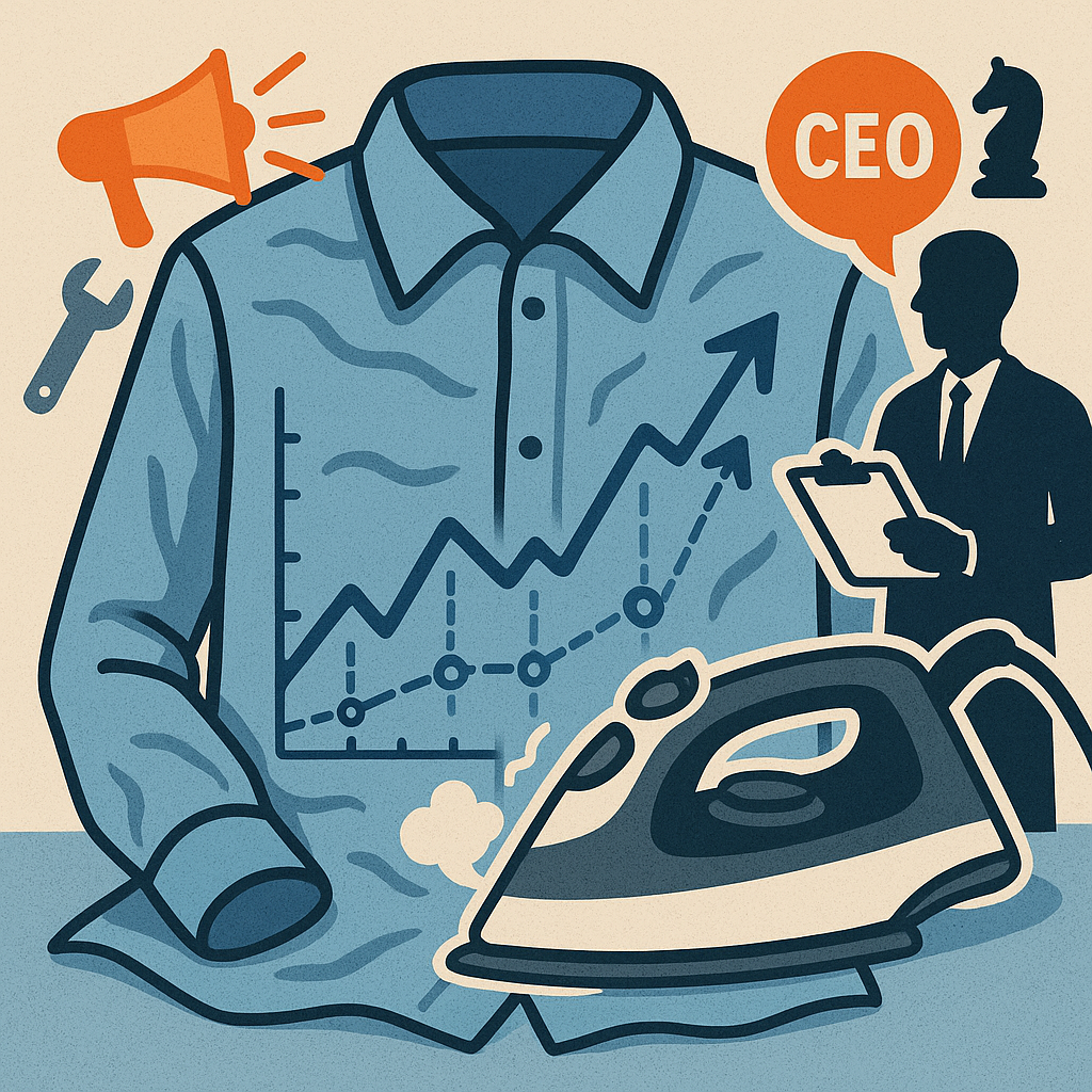 Stylized illustration of a wrinkled work uniform being smoothed out with a rising stock chart stitched into the fabric, symbolizing Vestis’s potential turnaround under new leadership.
