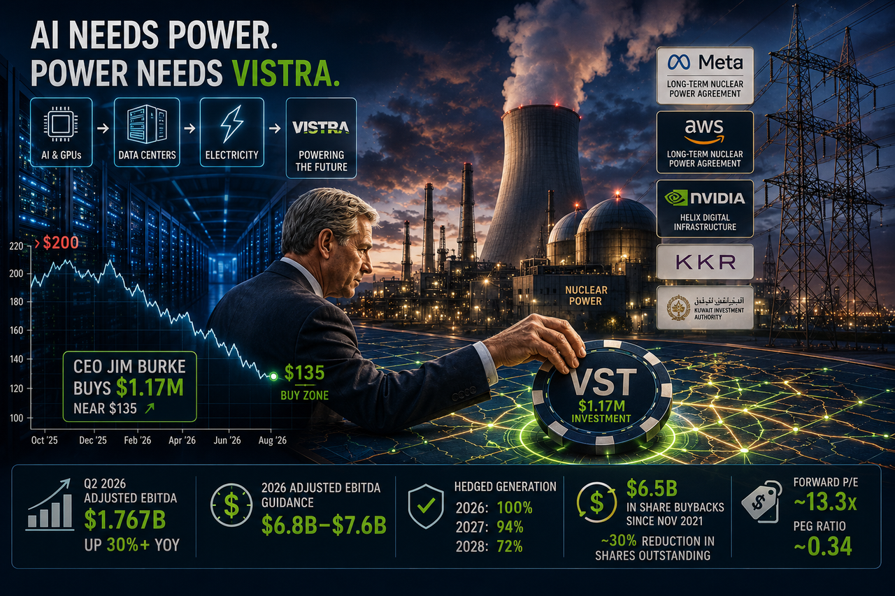 Vistra VST powers an AI data center from nuclear and grid assets as CEO Jim Burke invests $1.17 million in shares near $135.