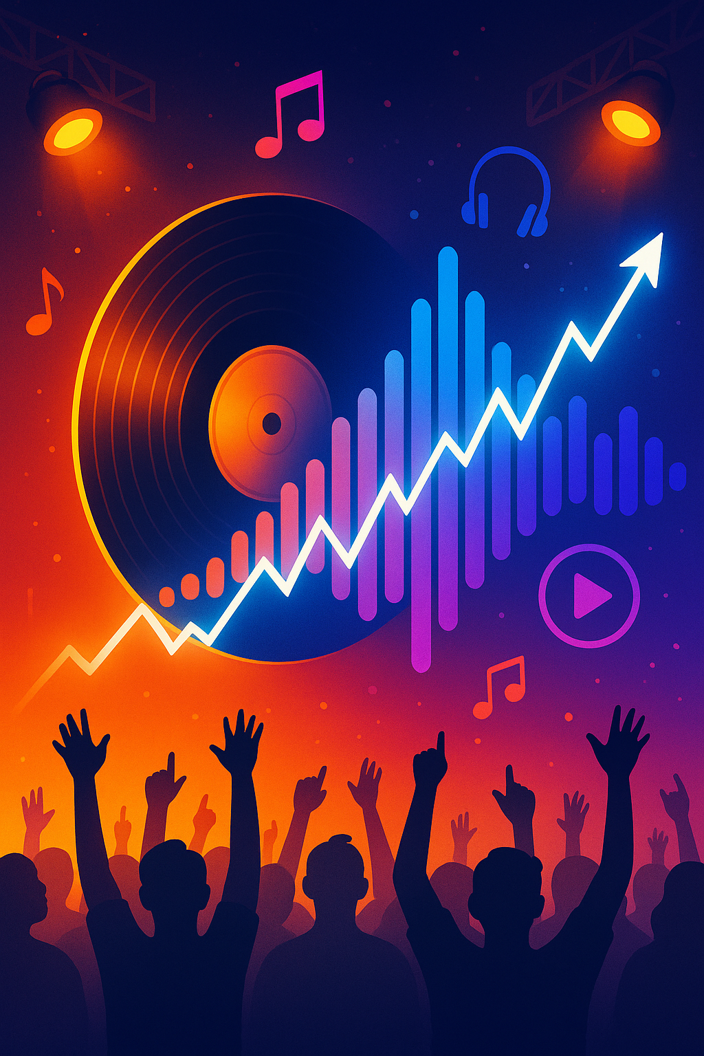 Vinyl record transforming into a digital music waveform with a rising stock chart and concert lights, symbolizing Warner Music Group’s streaming growth and stock rebound potential.