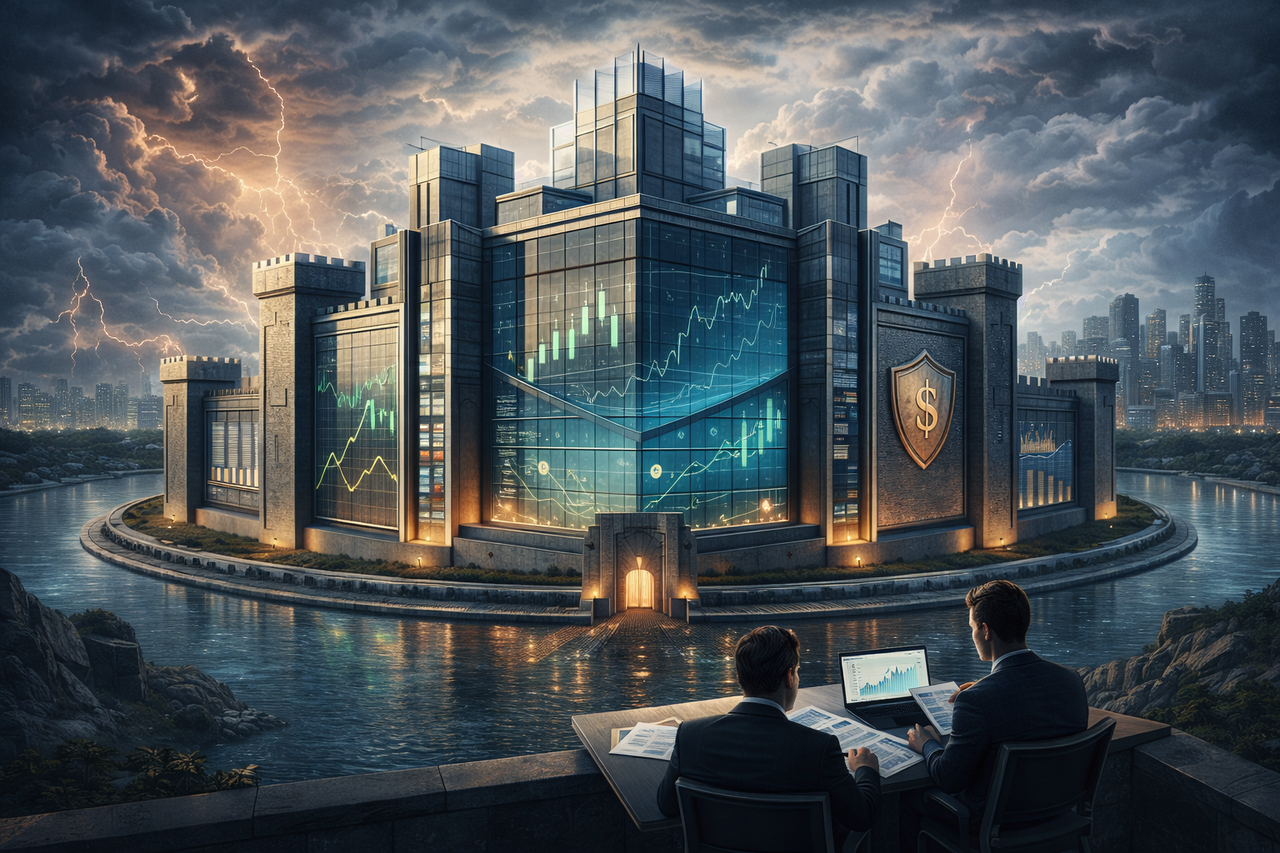 Digital illustration of a modern financial fortress representing Willis Towers Watson, with charts and financial icons embedded in the structure, symbolizing defensive investing, stability, and institutional strength.