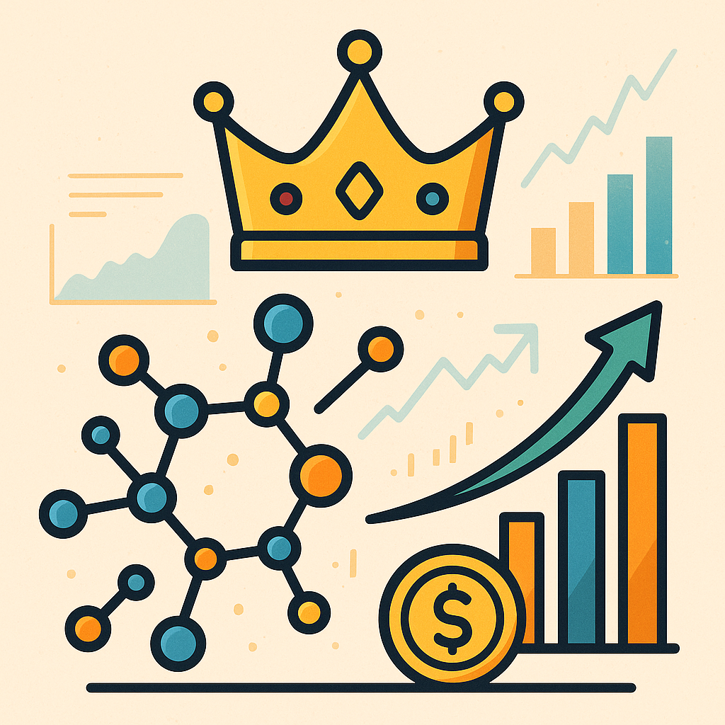 Illustration of a stylized crown hovering above biotech molecules and financial charts, representing XOMA Royalty’s strategy of collecting biotech royalties without developing drugs.
