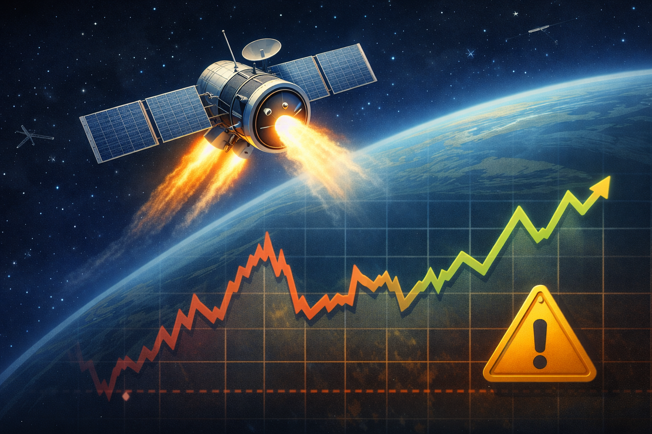Editorial illustration of a satellite launching into orbit above a volatile stock chart, symbolizing York Space Systems’ ambitious technology and the market risks facing YSS investors.