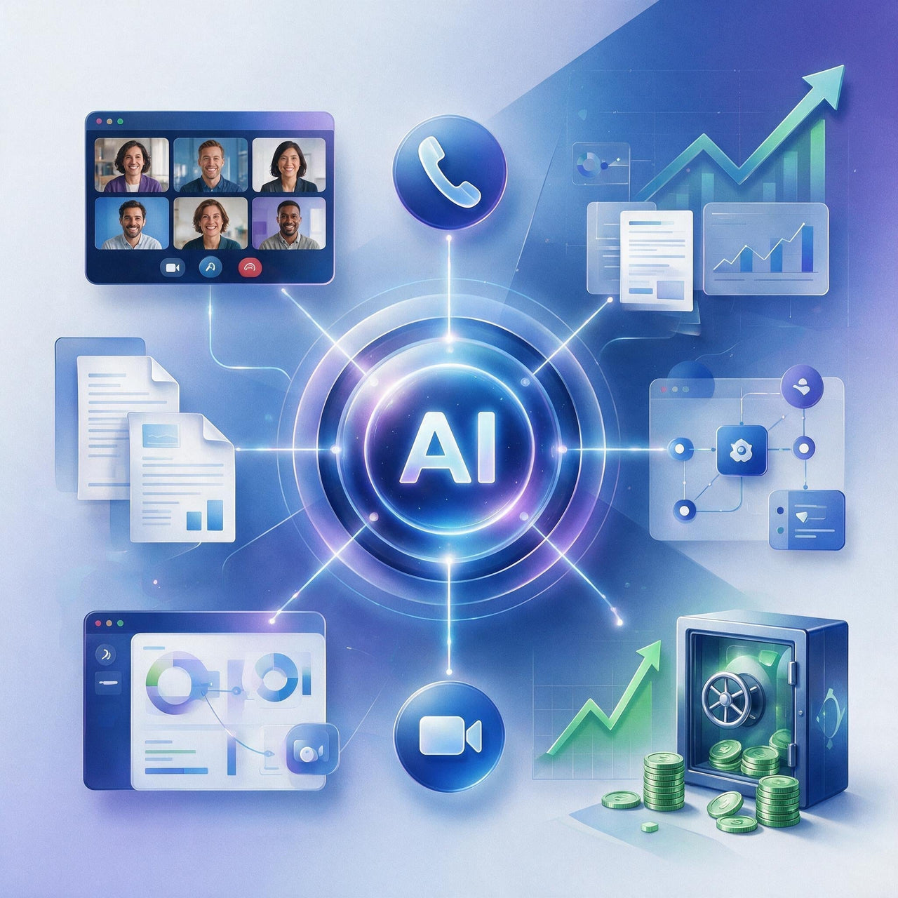 Zoom AI Companion connecting meetings, phone, documents and enterprise workflows alongside financial metrics illustrating Zoom's AI platform strategy and cash-rich balance sheet.
