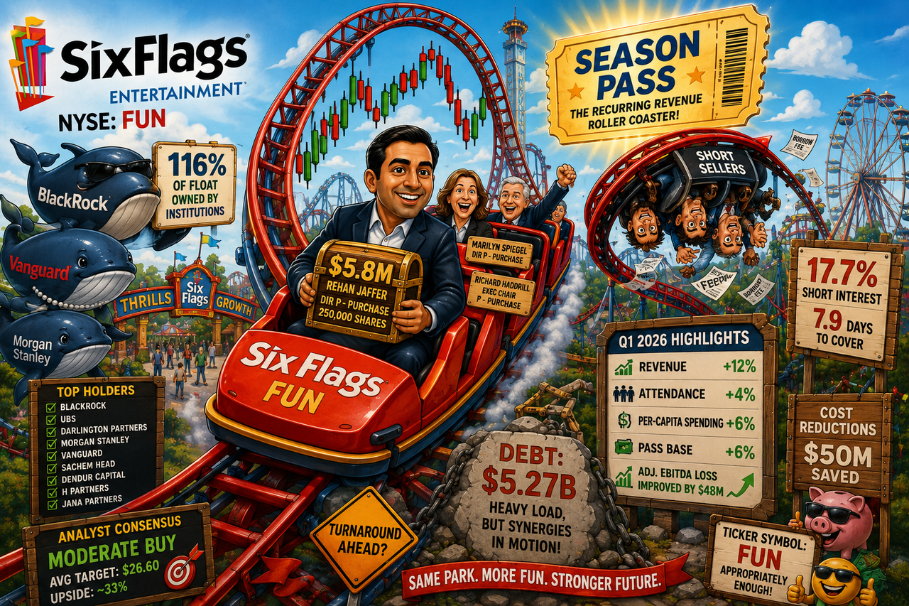 Humorous cartoon illustration showing a giant Six Flags roller coaster shaped like a stock chart, with happy riders representing bulls and nervous riders representing bears. Rehan Jaffer sits in the front car holding a treasure chest.