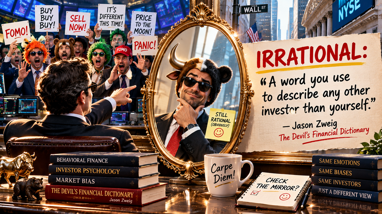 Investor looking into a market mirror illustrating Jason Zweig’s humorous definition of irrational investing and behavioral bias.