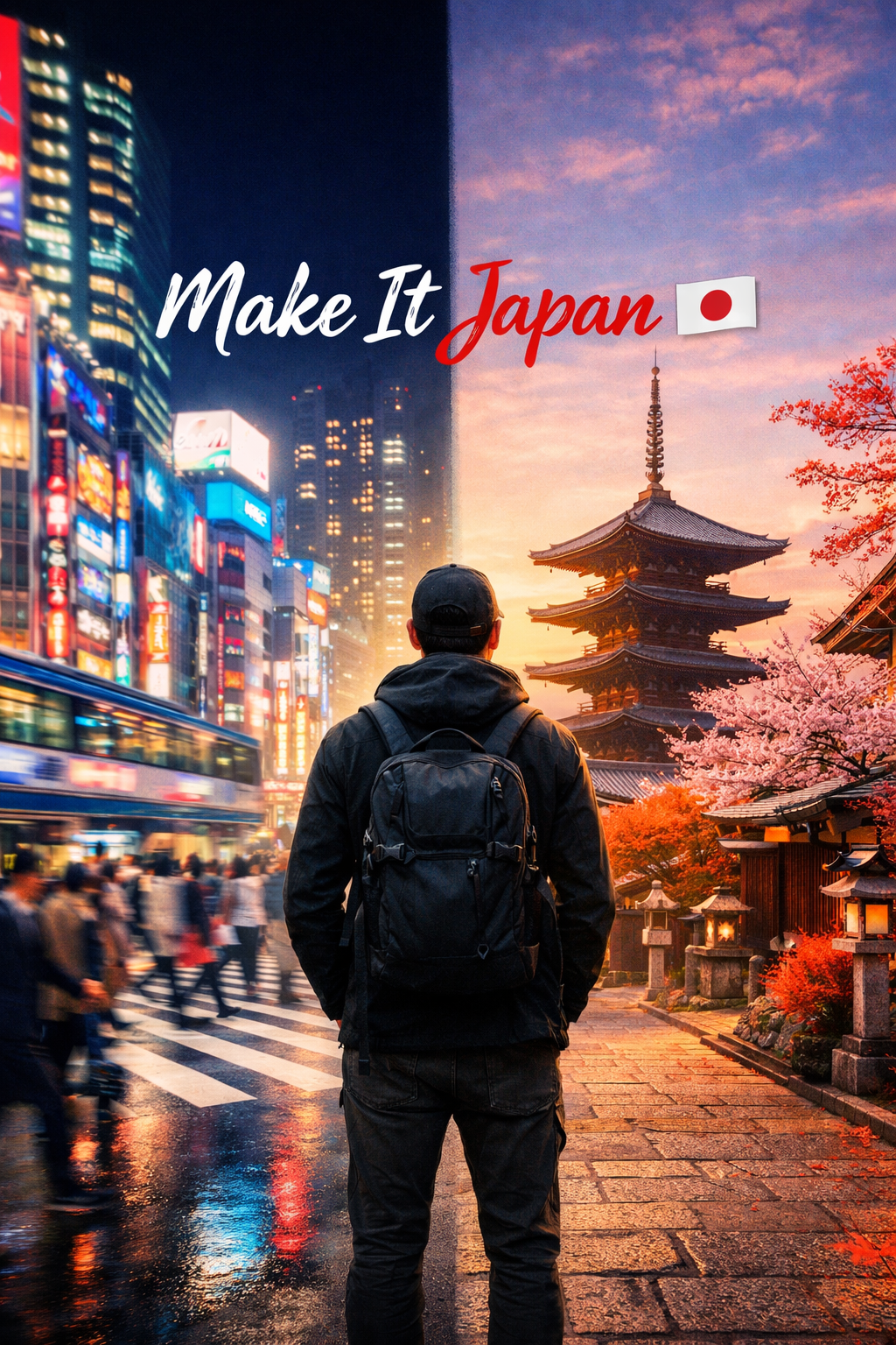 Split illustration showing Tokyo’s neon cityscape and Kyoto’s traditional temples with a solo traveler standing between them, symbolizing Japan as the ultimate solo travel destination 