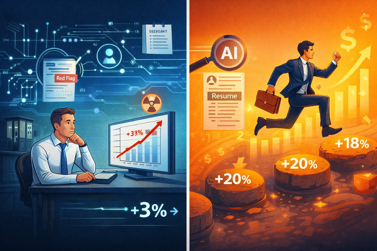 Illustration comparing career paths: one worker staying in the same job receiving small annual raises while another switches jobs across stepping stones labeled 15–20% salary increases, symbolizing the modern job-hopping career strategy.