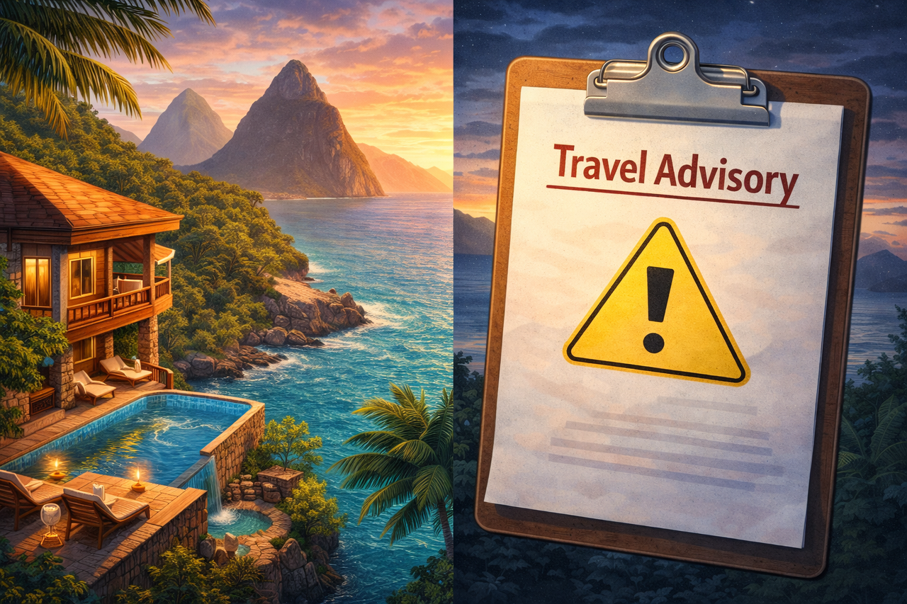 Illustration of a luxury Caribbean cliffside resort overlooking the sea, contrasted with a subtle travel advisory warning symbol, representing the balance between paradise and travel safety.
