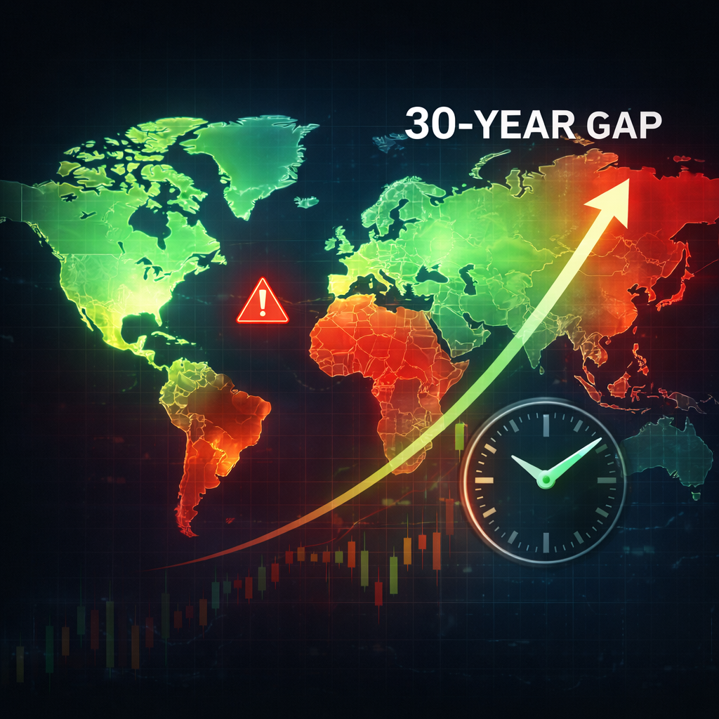 World map with green and red regions representing life expectancy differences and a clock with upward arrow symbolizing longevity disparities